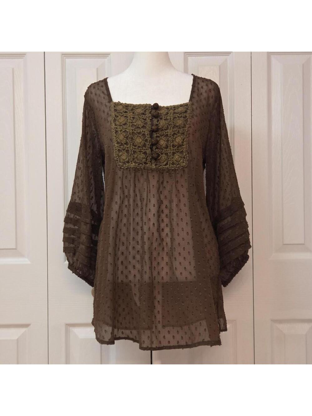 Sheer Brown Swiss Dot Bell Sleeve Blouse OS S-L Whimsigoth Indie Boho Fairy Top